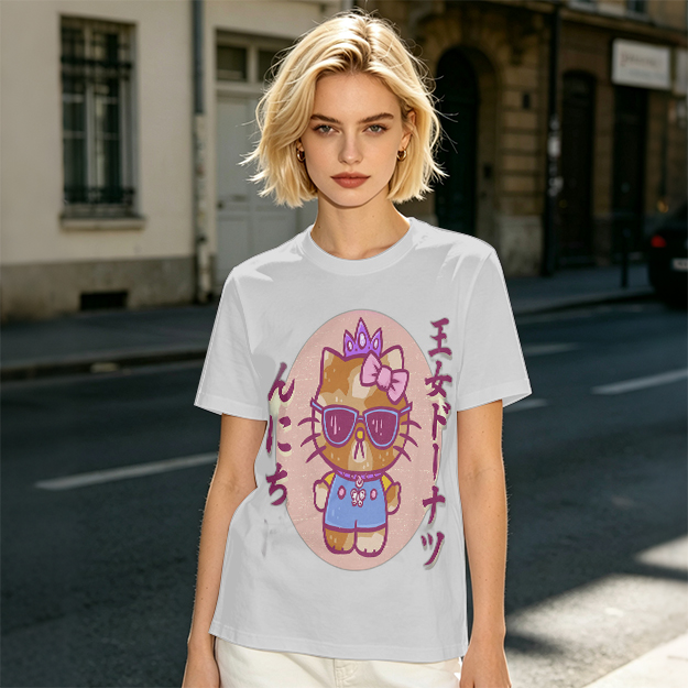 Olive T-Shirt with Cool Princess Cat Graphic Print