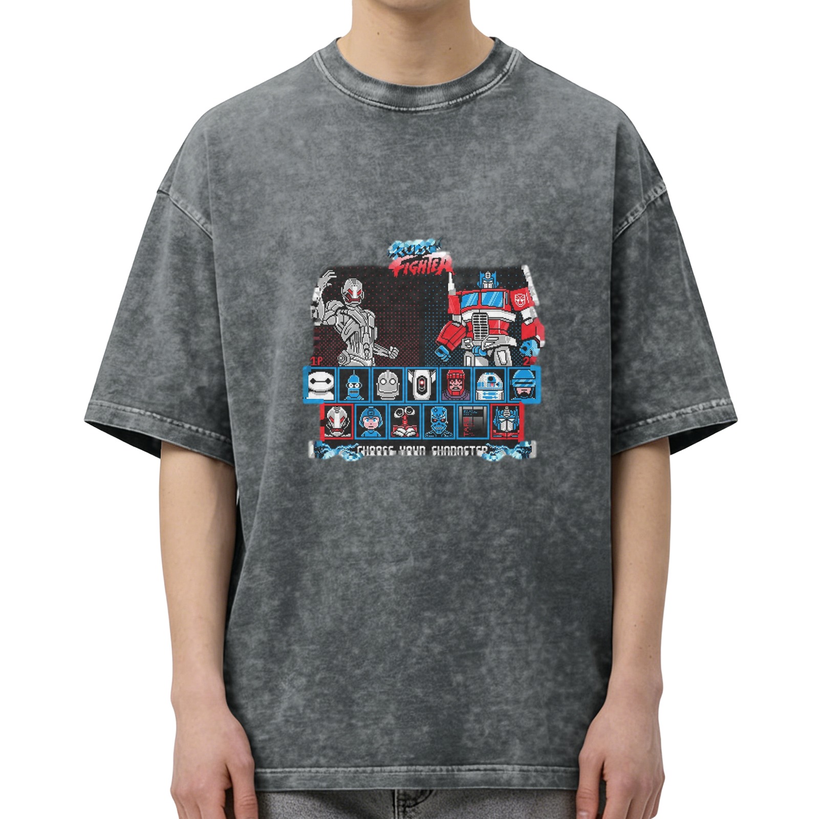 Vintage Washed Black T-Shirt with Robot Fighter Character Select Graphic Design