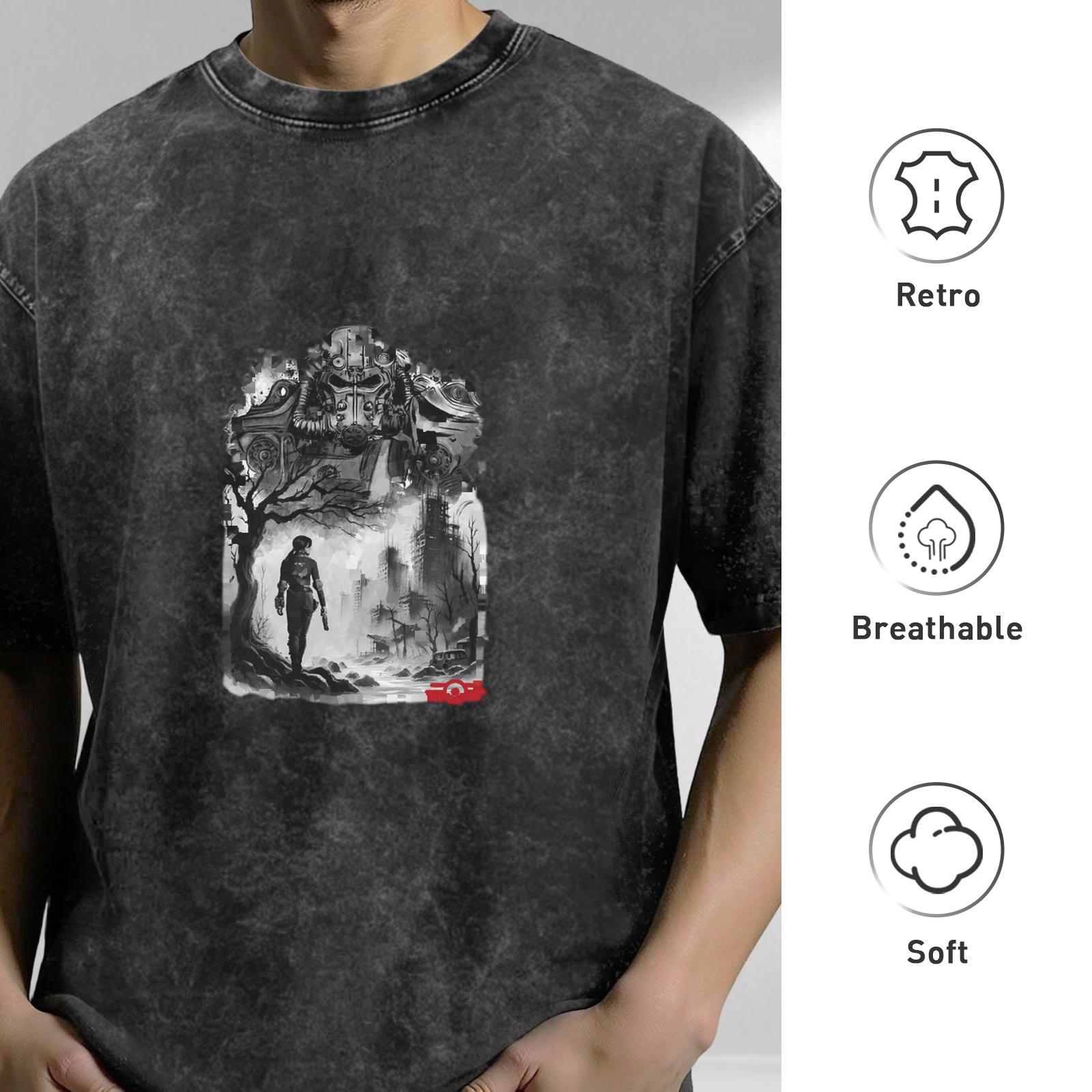 Distressed black wasteland style printed short-sleeved T-shirt