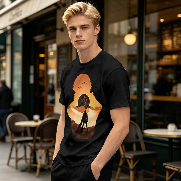 Olive Green T-Shirt With Desert Sunset Silhouette Graphic