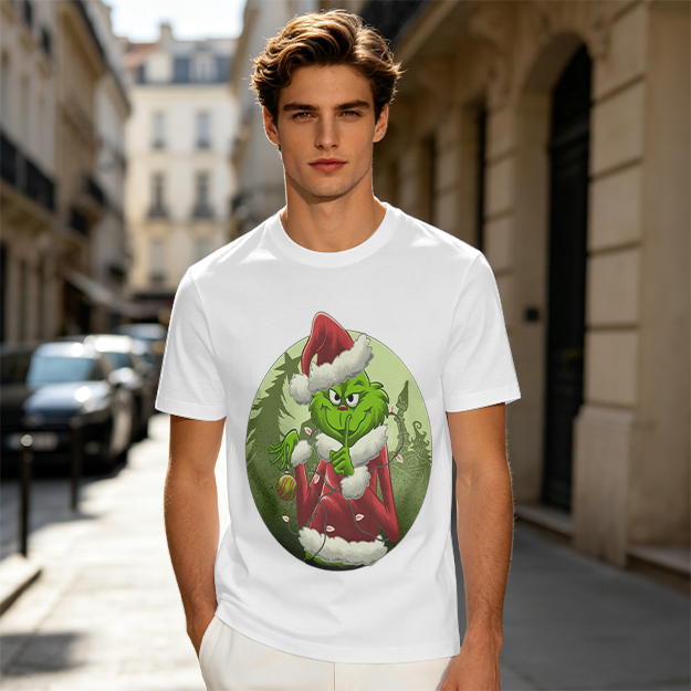 Olive Green T-Shirt Featuring The Grinch In Santa Costume