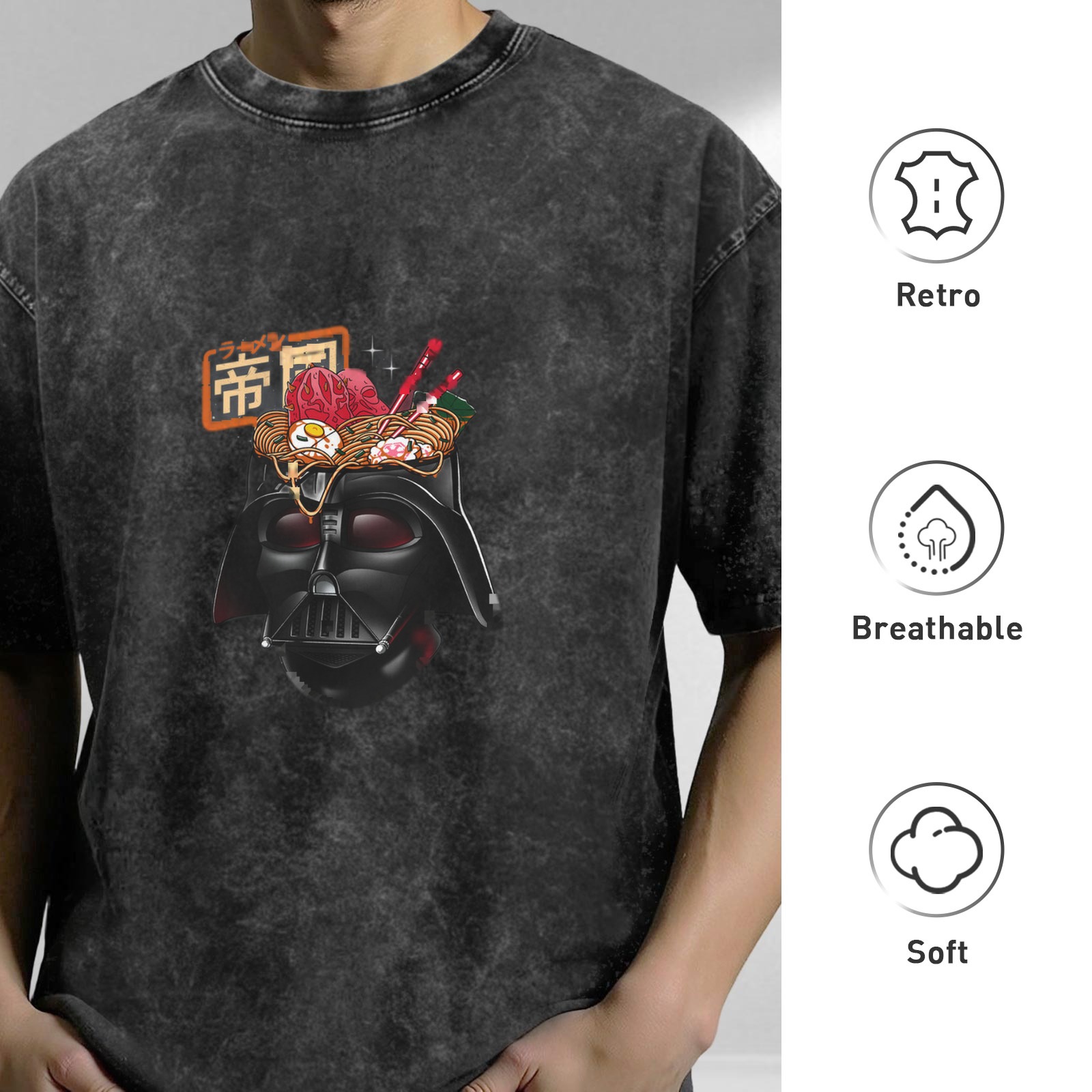 Washed Black T-Shirt With Darth Vader Ramen Graphic Print