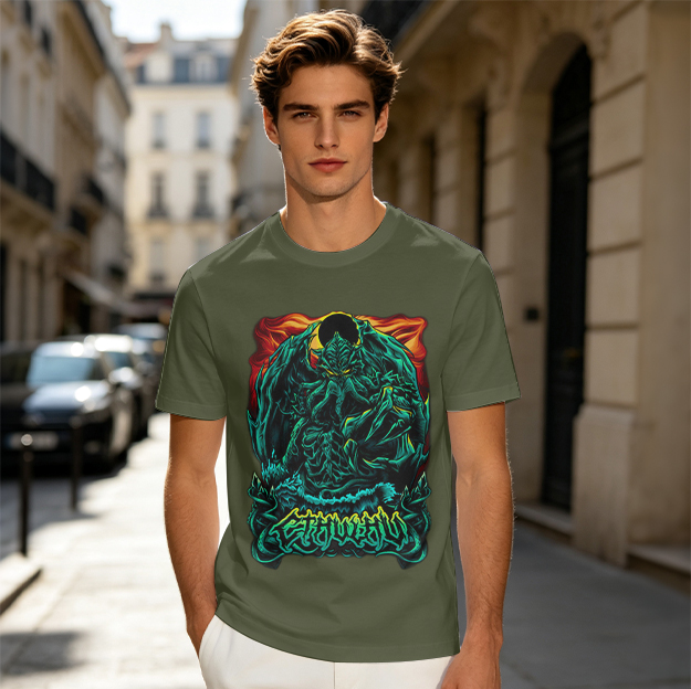 Olive Green T-Shirt With Dark Fantasy Monster Graphic Print