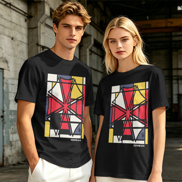 Olive T-Shirt with Mondrian-style Geometric Abstract Graphic Print