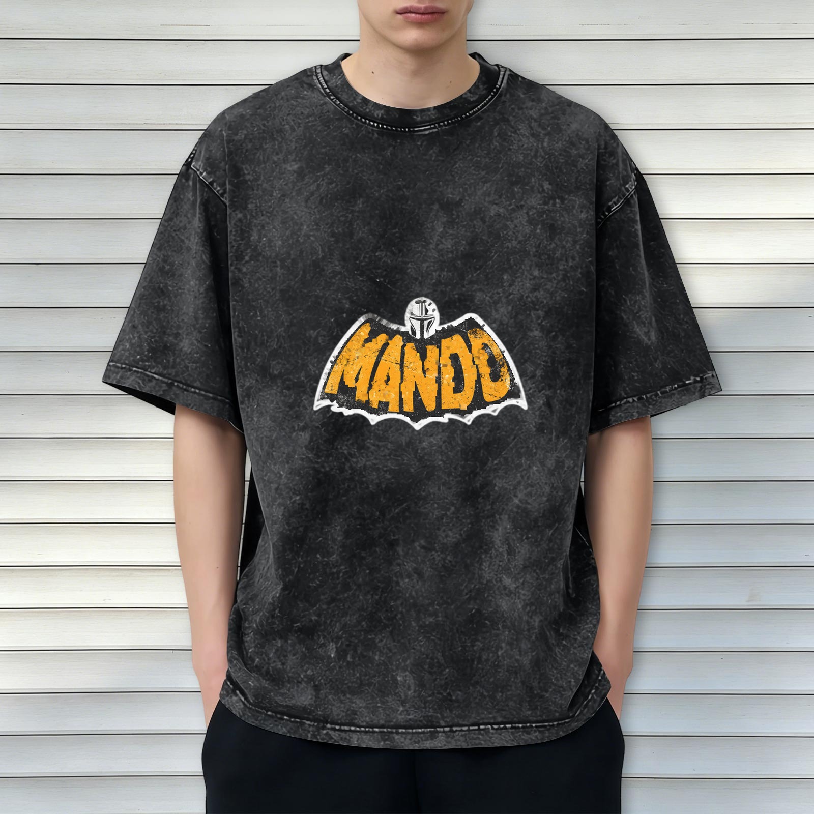 Washed Black Oversized T-Shirt with Mando Bat Logo Graphic