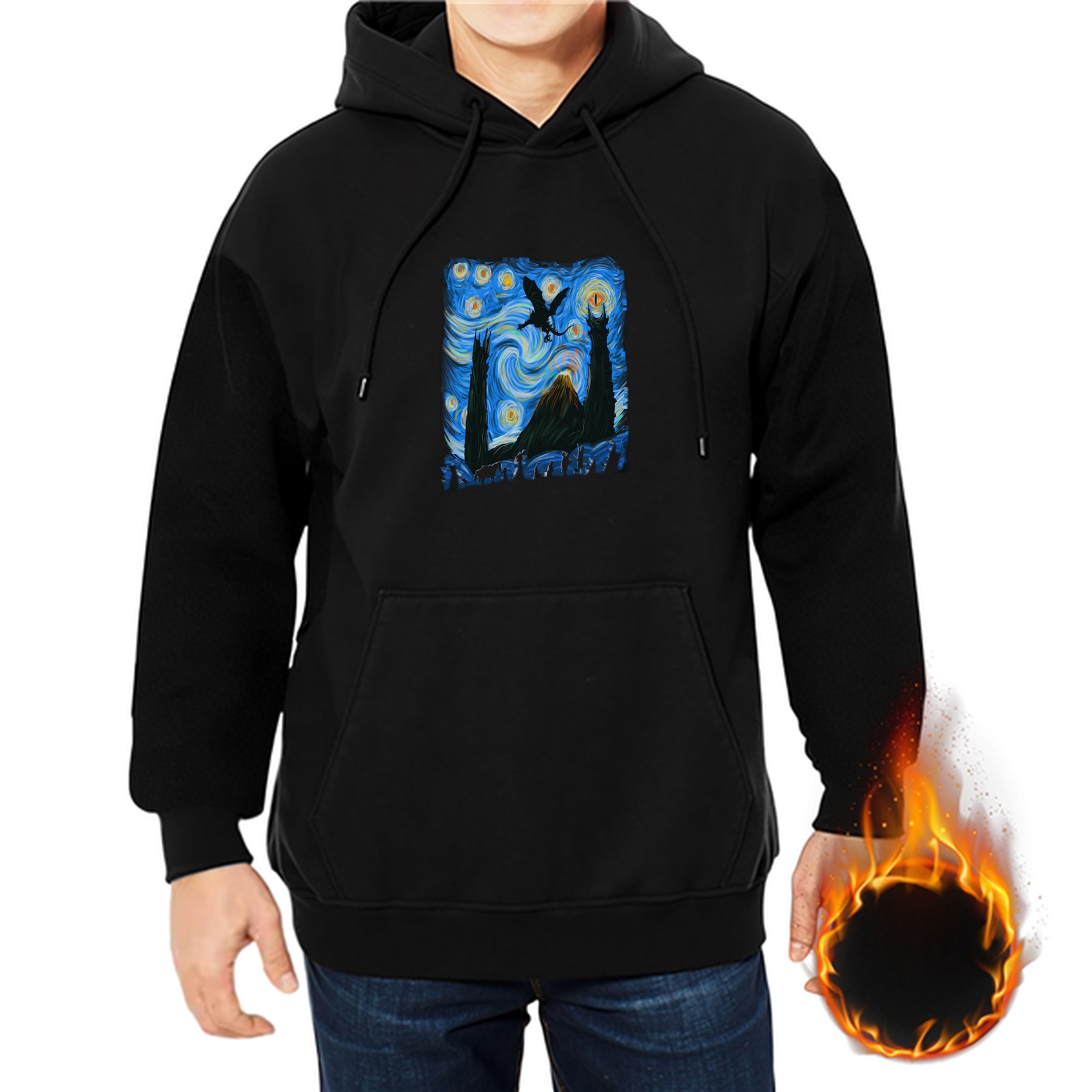 Black hoodie with Starry Night style fantasy landscape print