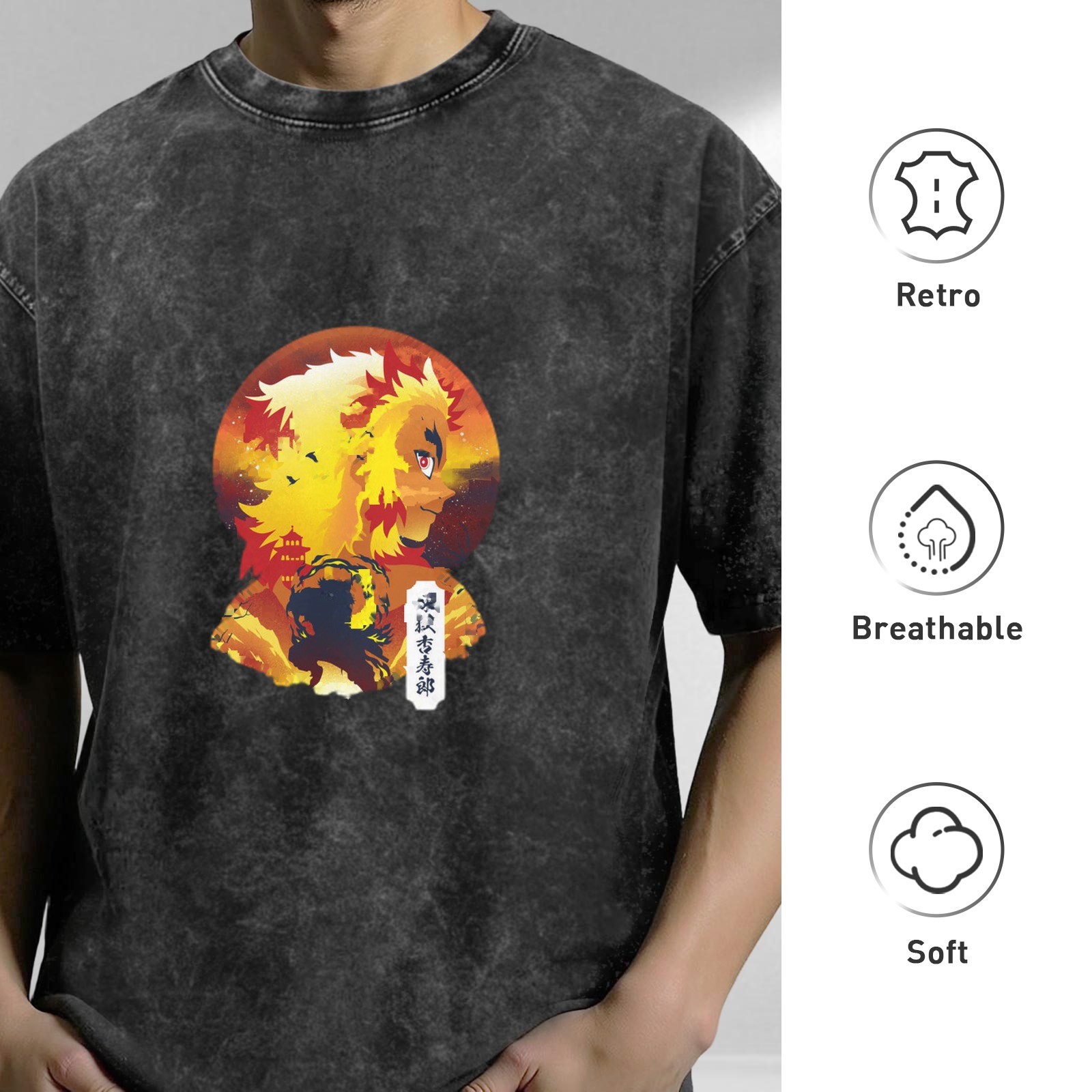 Demon Slayer Rengoku Kyoujurou Flame Hashira Anime Graphic Vintage Wash T-Shirt