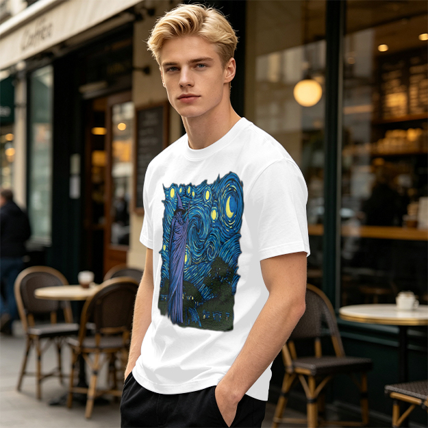 Olive T-Shirt with Wizard Starry Night Art Print