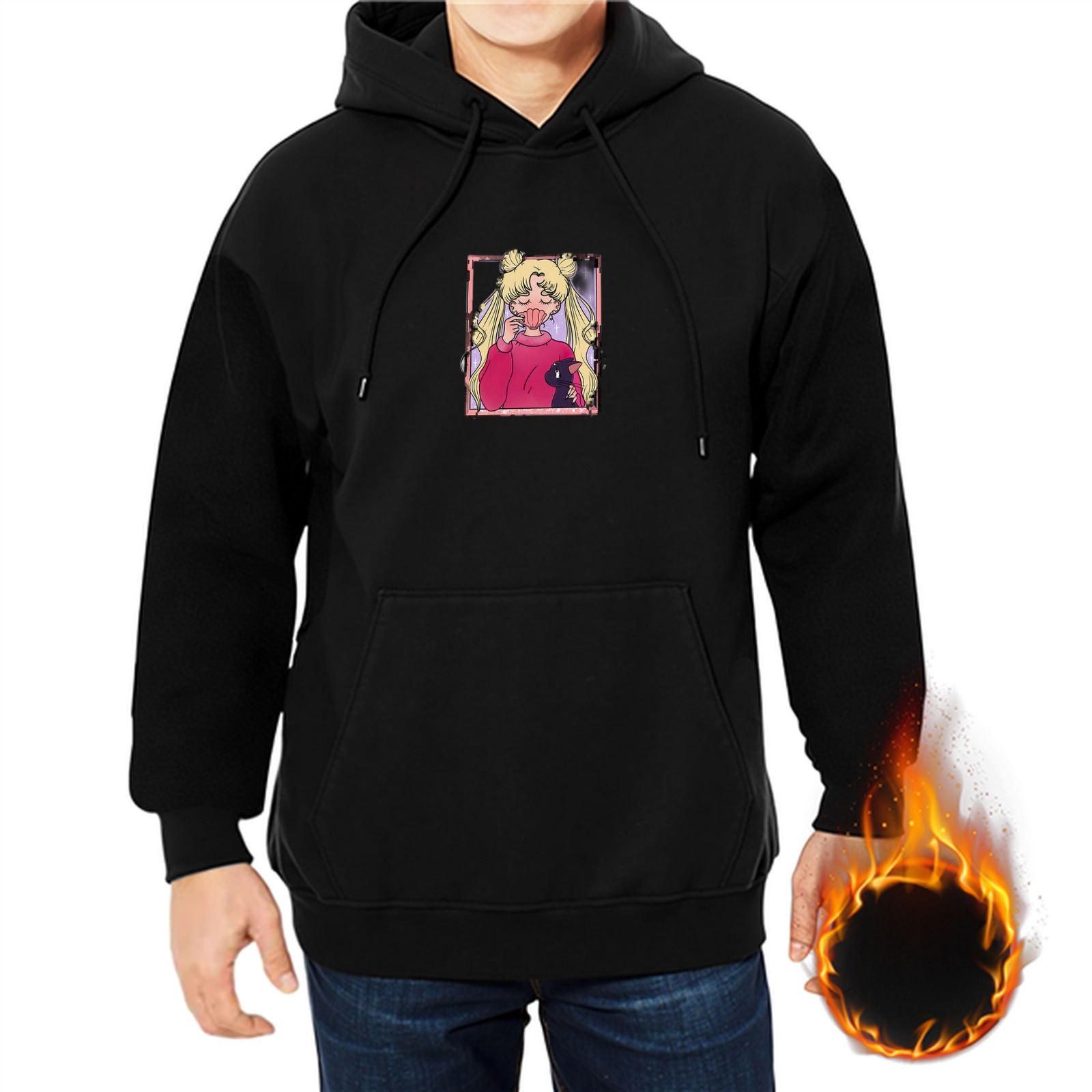 Black hoodie with Sailor Moon yawning graphic print