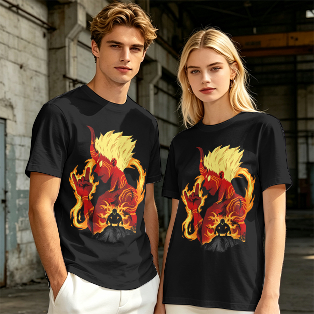 Oni Demon Flame Graphic Olive Green Casual T-Shirt
