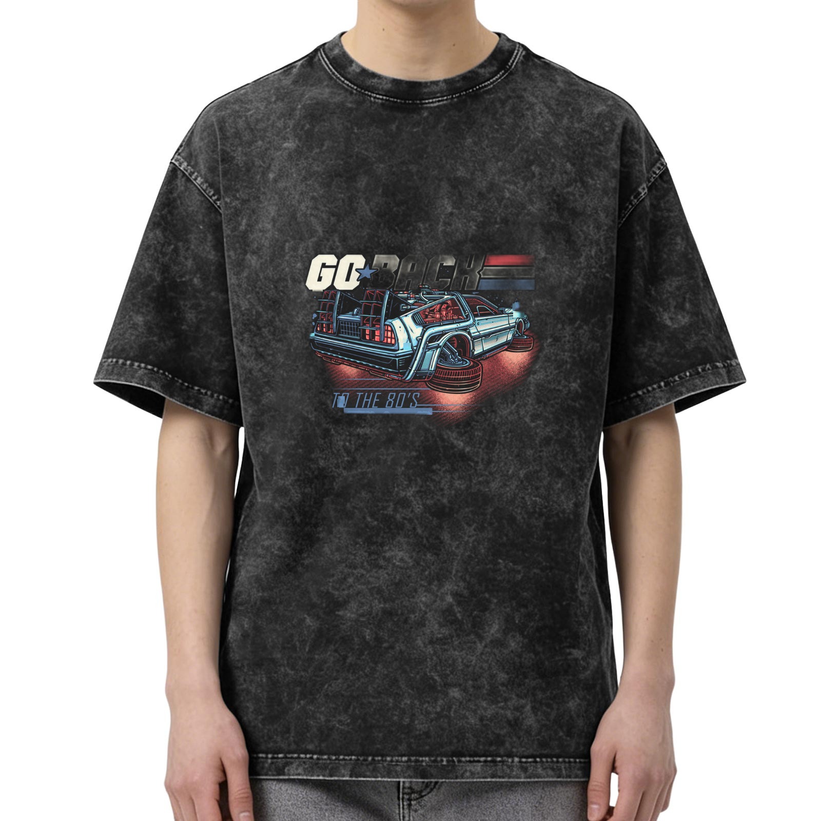 Washed Black Graphic T-Shirt with Go Back to the 80s DeLorean Design