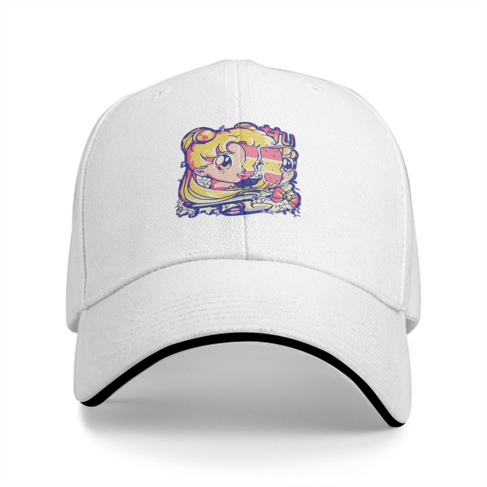 Black Baseball Cap With Retro Anime Girl Graphic Print