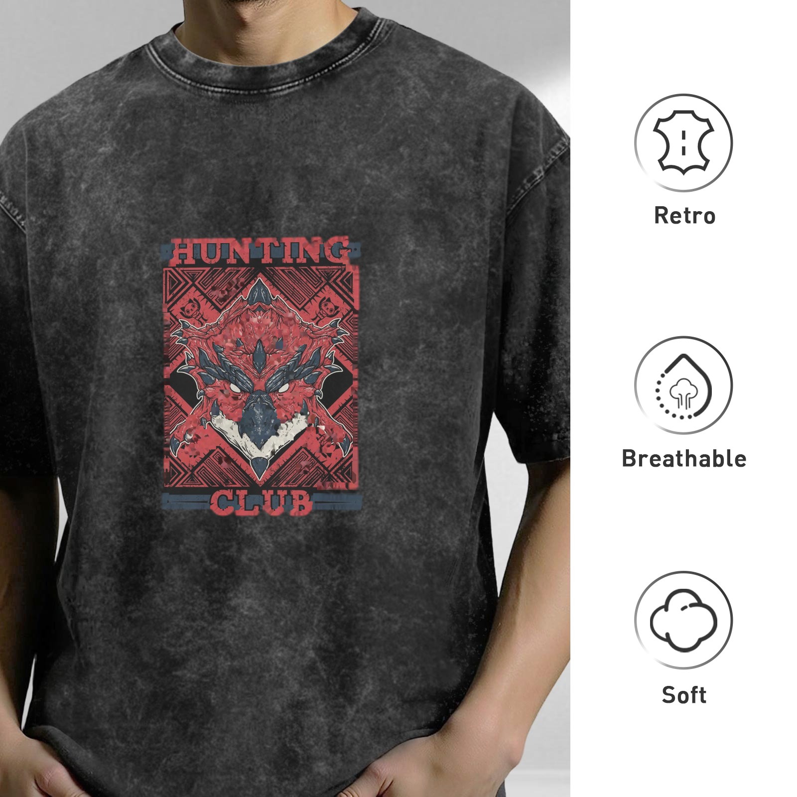 Hunting Club Monster Graphic Stone Wash Black T-Shirt