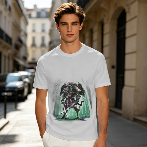 Olive T-Shirt With Samurai Cthulhu Warrior Graphic Print