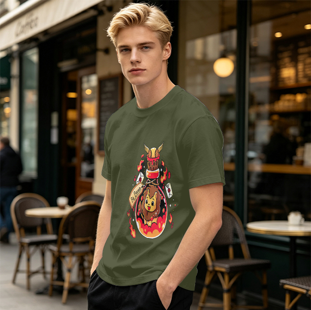 Olive T-Shirt With Cute Lion In Potion Bottle Graphic