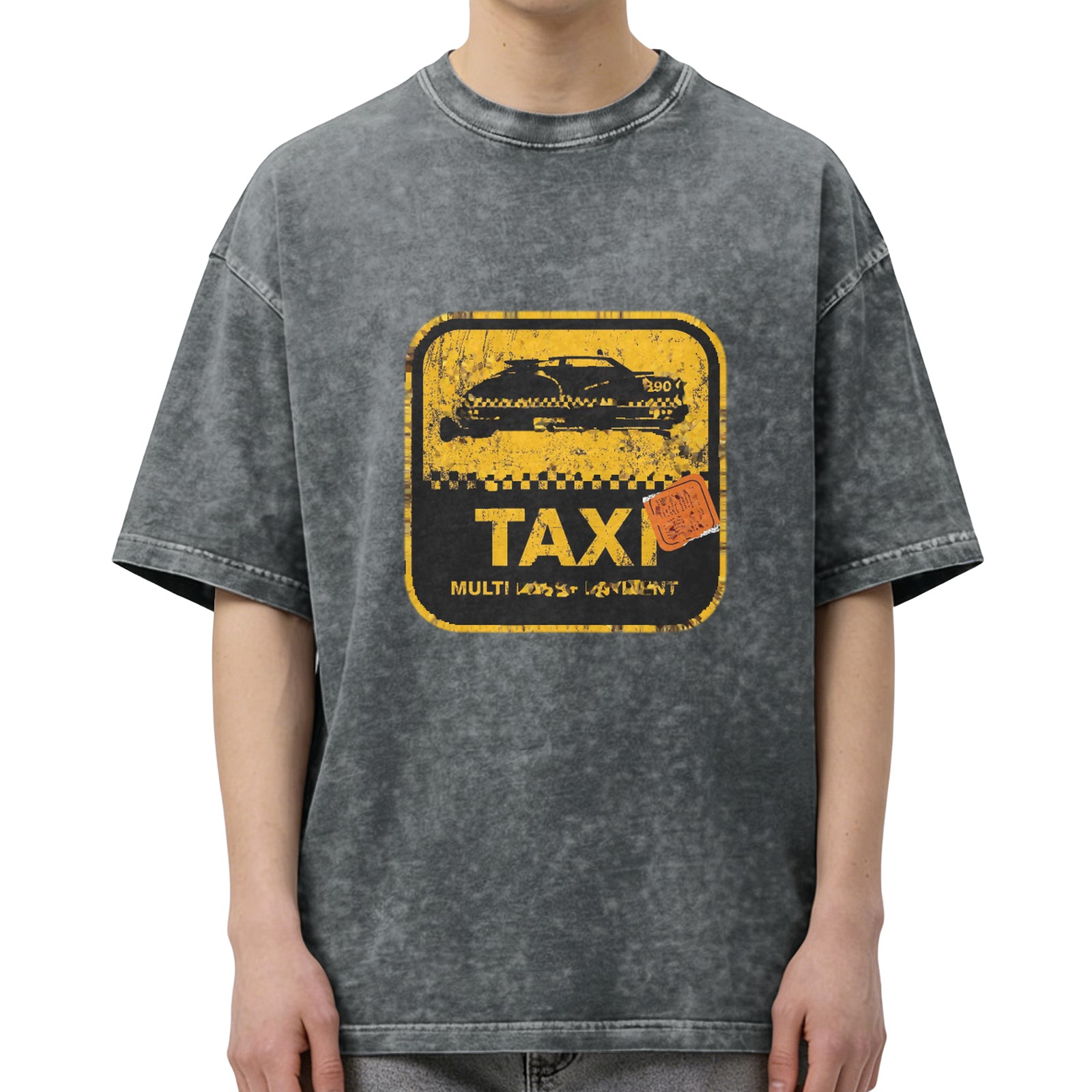 Distressed washed black Taxi theme printed short-sleeved T-shirt loose style