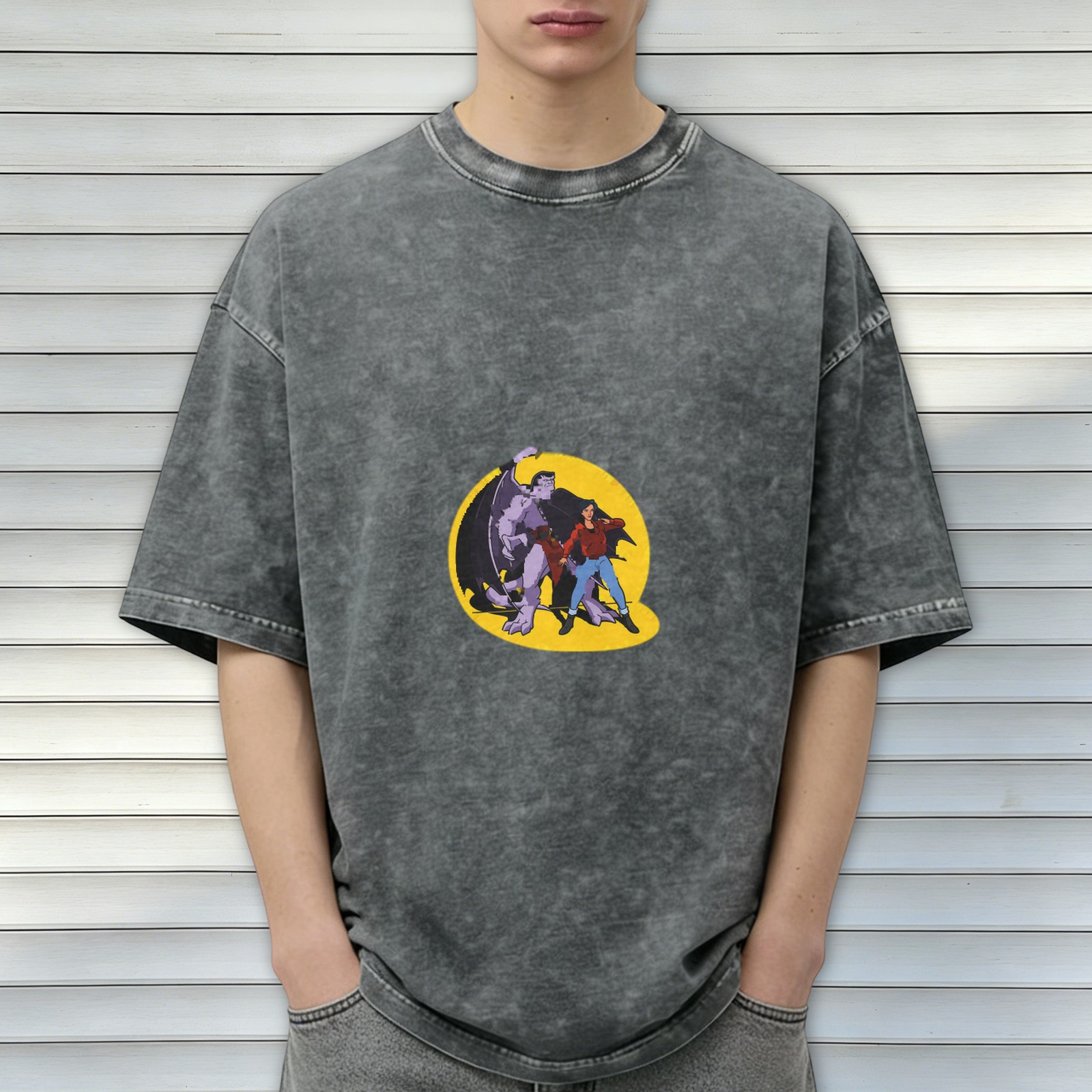 Washed Black T-Shirt with Gargoyles Cartoon Character Graphic