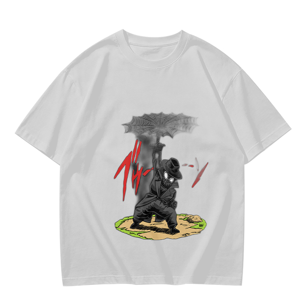 Olive T-shirt with Dark Umbrella-Wielding Character Graphic