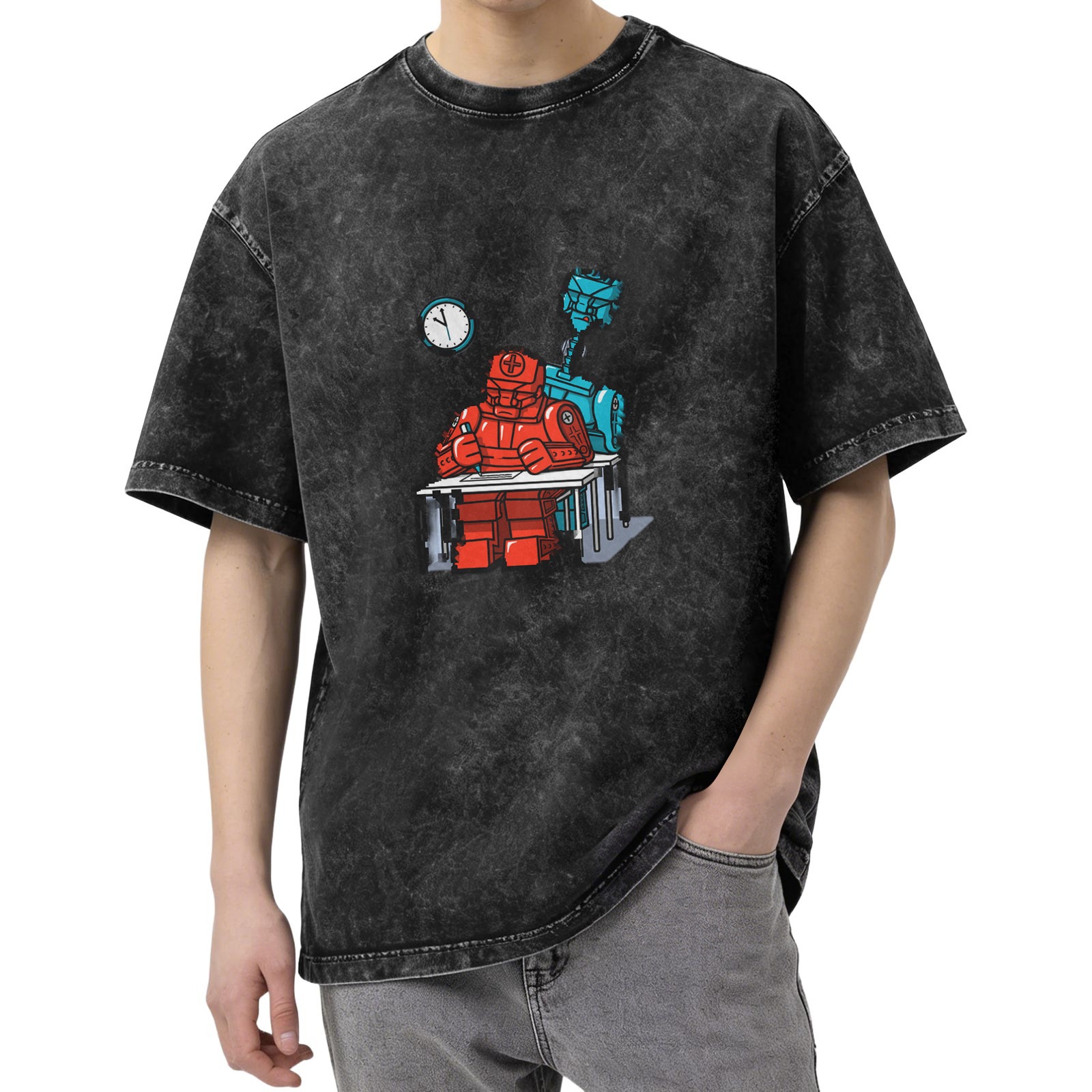 Washed black t-shirt with cartoon robot working at desk graphic