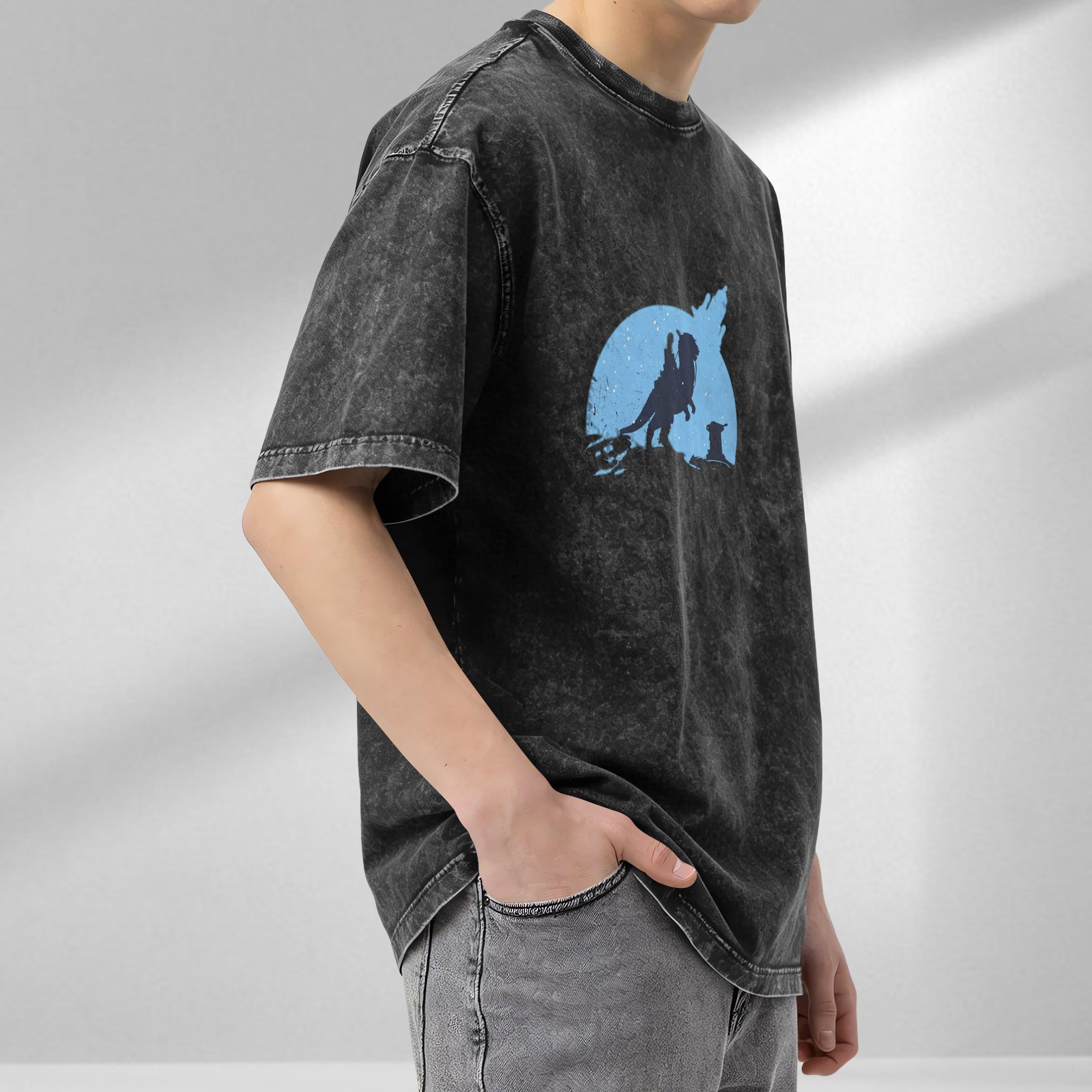Washed Black T-Shirt With Sci-Fi Creature Rider Silhouette Graphic