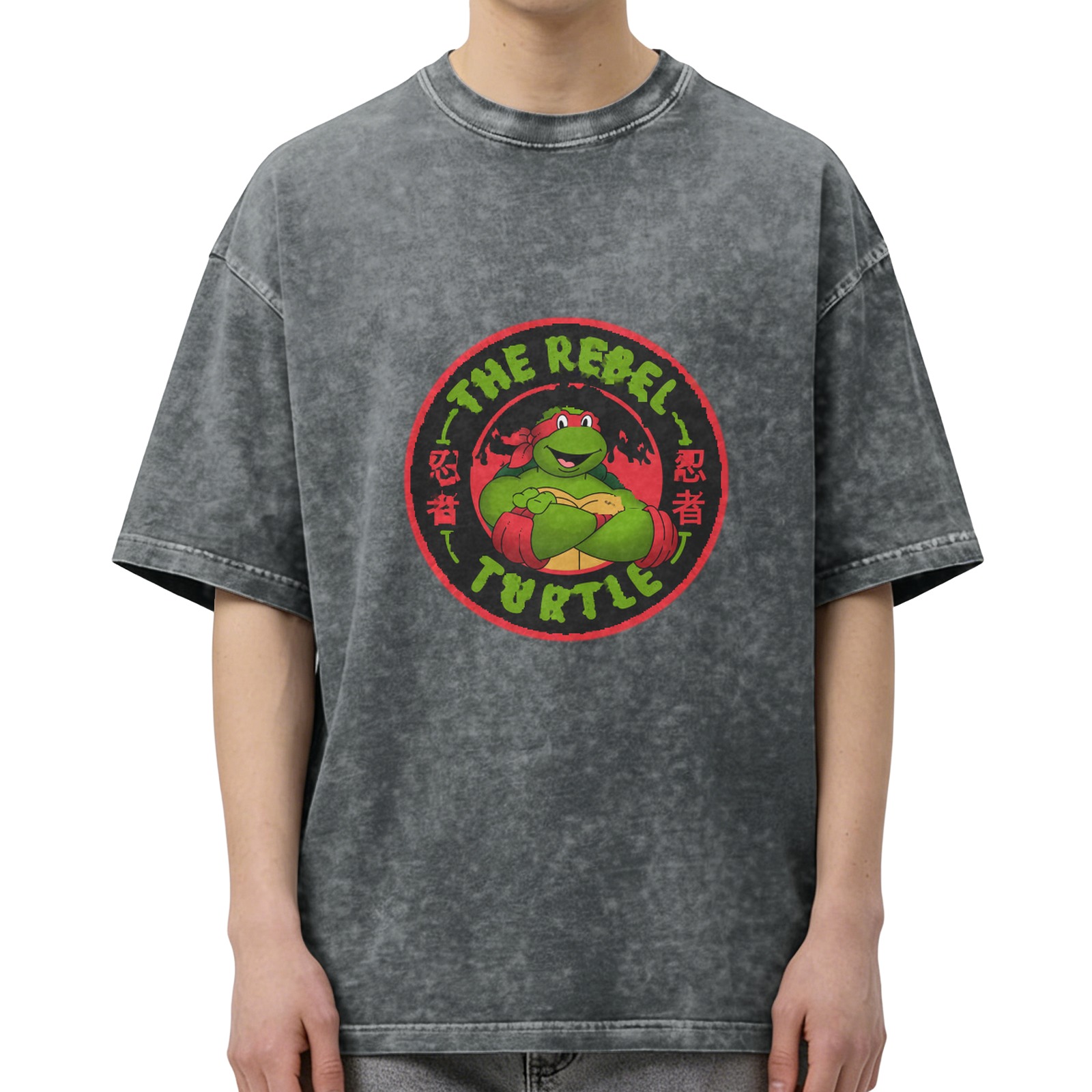 Washed black t-shirt with Teenage Mutant Ninja Turtle Rebel Turtle graphic