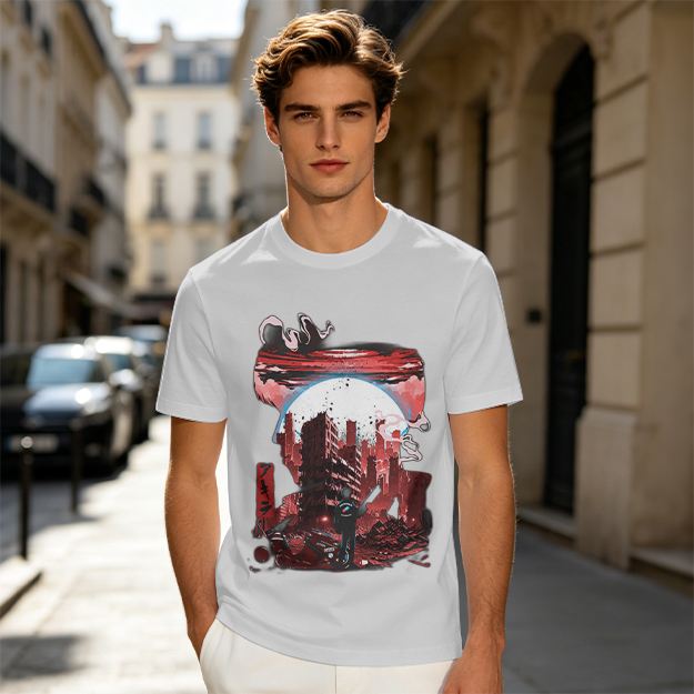 Olive Graphic T-Shirt with Post-Apocalyptic Cityscape Print