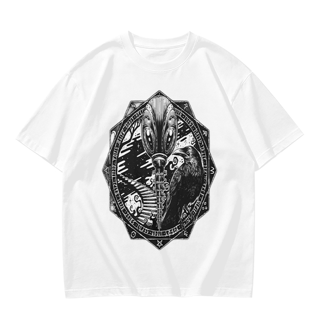 Olive Green T-Shirt With Alien Raven Occult Graphic Print