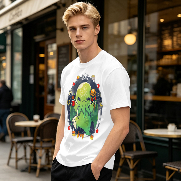 Olive T-Shirt With Cute Halloween Cthulhu Graphic Print