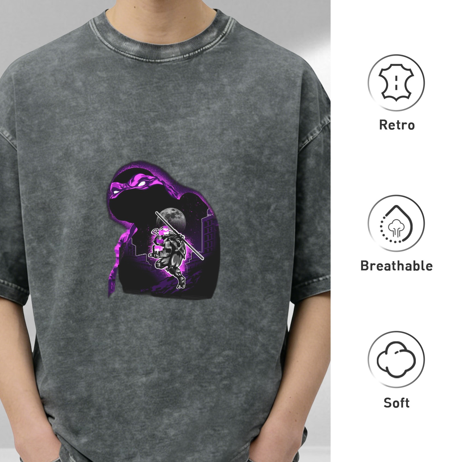 Washed black graphic t-shirt with purple ninja turtle design