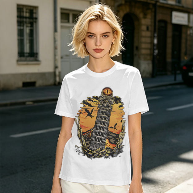 Ominous tower with eye and flying creatures graphic t-shirt