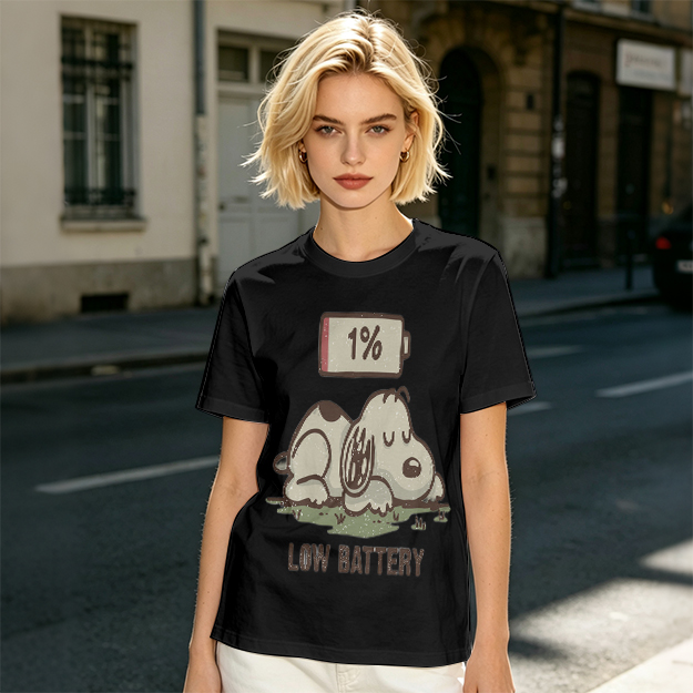 Olive T-Shirt With Tired Dog 1% Battery Graphic Print