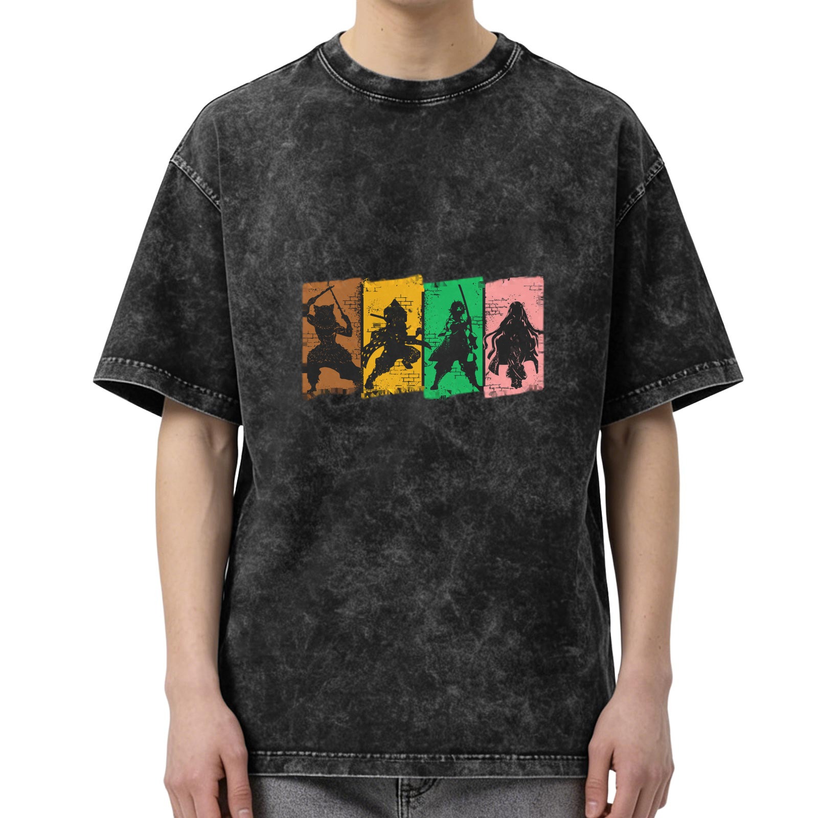 Washed Black Anime Character Silhouette Graphic T-Shirt