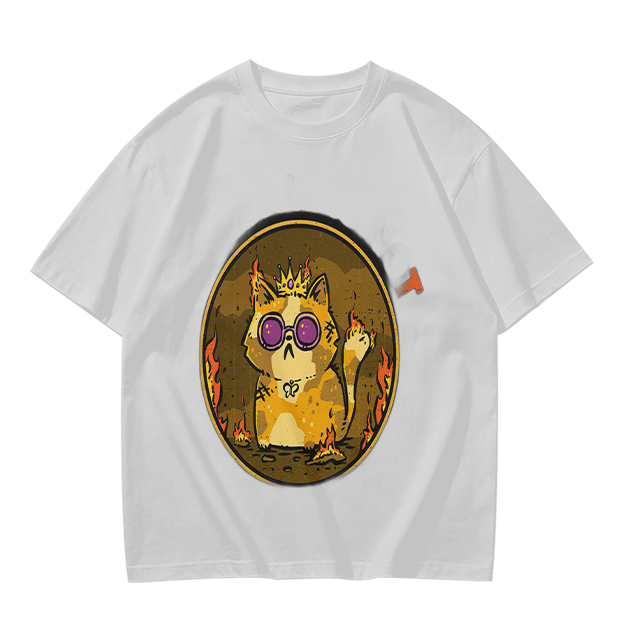 Olive T-Shirt With Flaming Royal Cat Wearing Sunglasses Print
