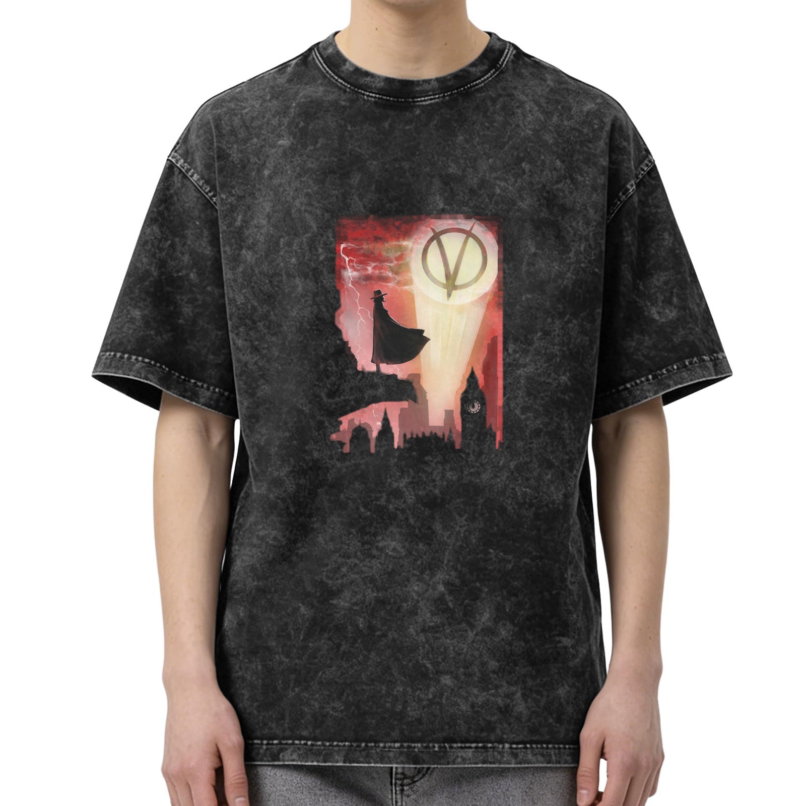 V for Vendetta themed graphic washed black short sleeve t-shirt