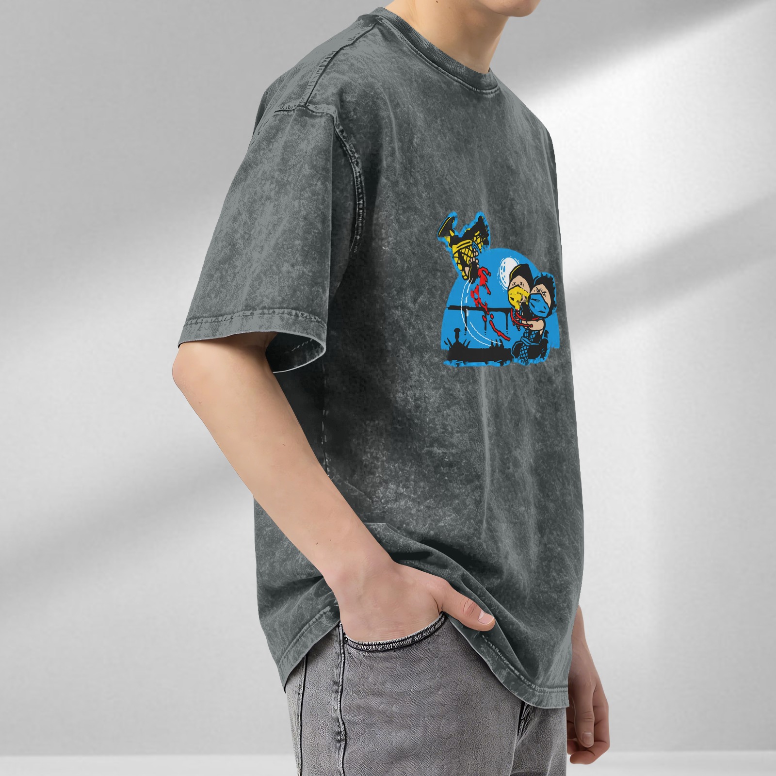 Washed Black Graphic T-Shirt With Cartoon Fight Scene Print