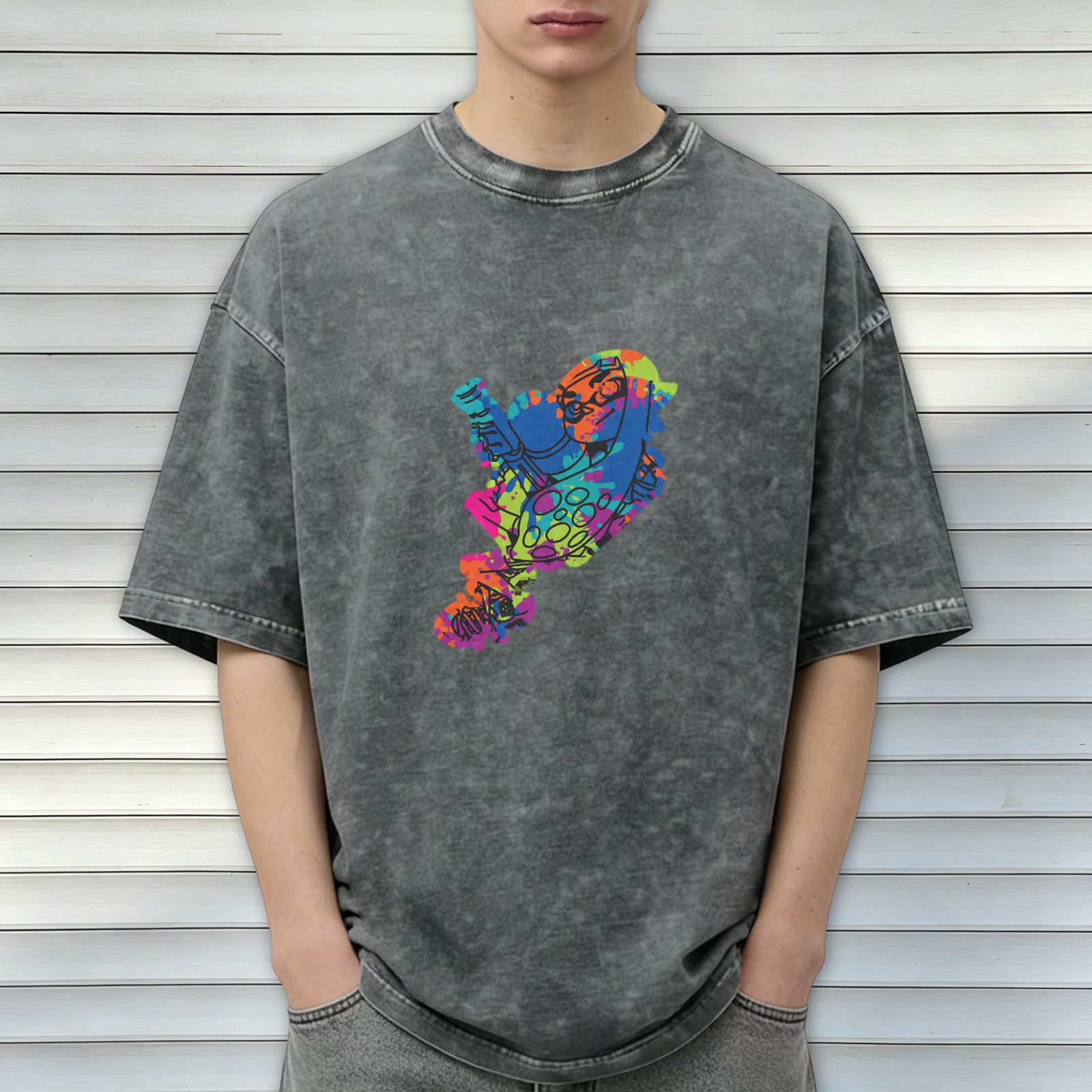 Acid Wash Black T-Shirt With Colorful Splatter Art Print