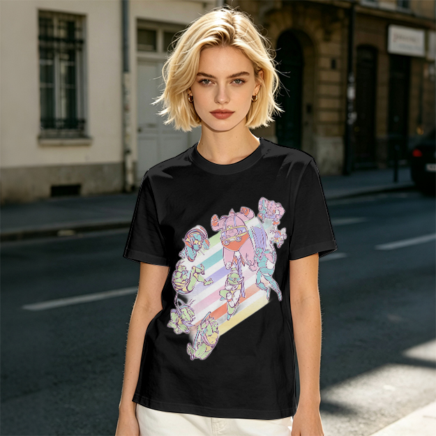 Olive Green T-Shirt With Pastel Whimsical Character Art Print