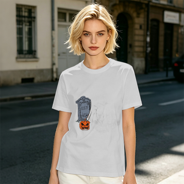 Olive Halloween Graphic T-Shirt with Tombstone and Jack-o'-Lantern