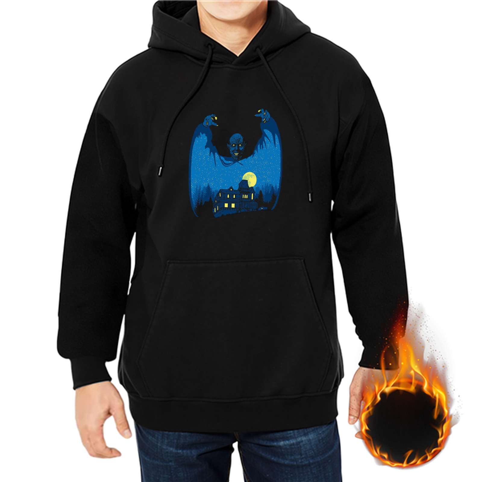 Black Hoodie With Vampire Over Haunted Mansion Night Artwork