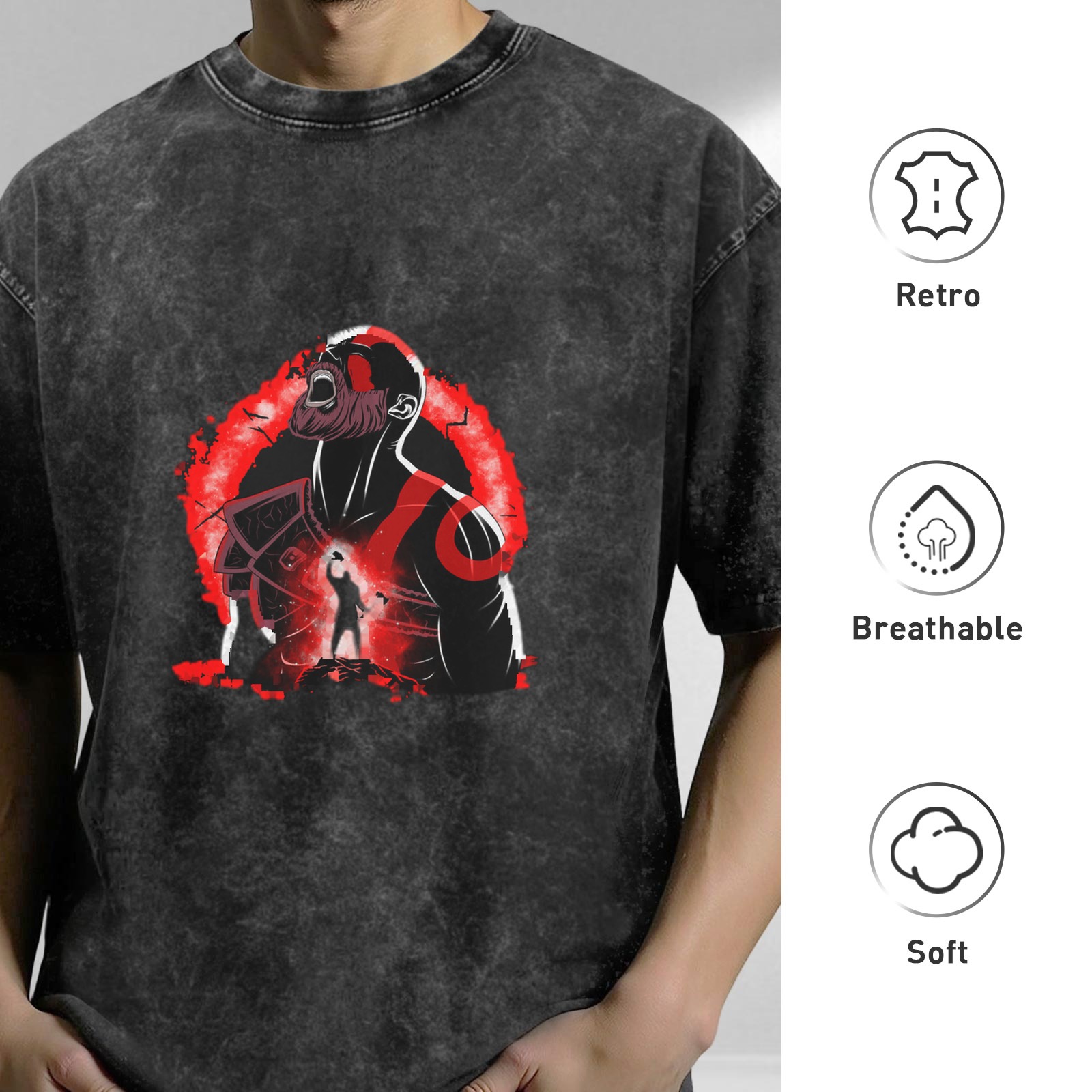Oversized Stonewashed T-Shirt With Red Warrior Graphic Print
