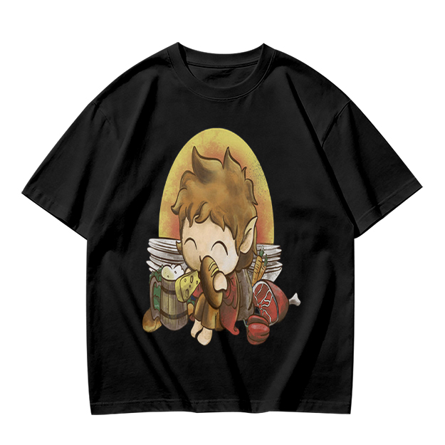 Chibi Hobbit Eating Bread Surrounded by Food T-Shirt
