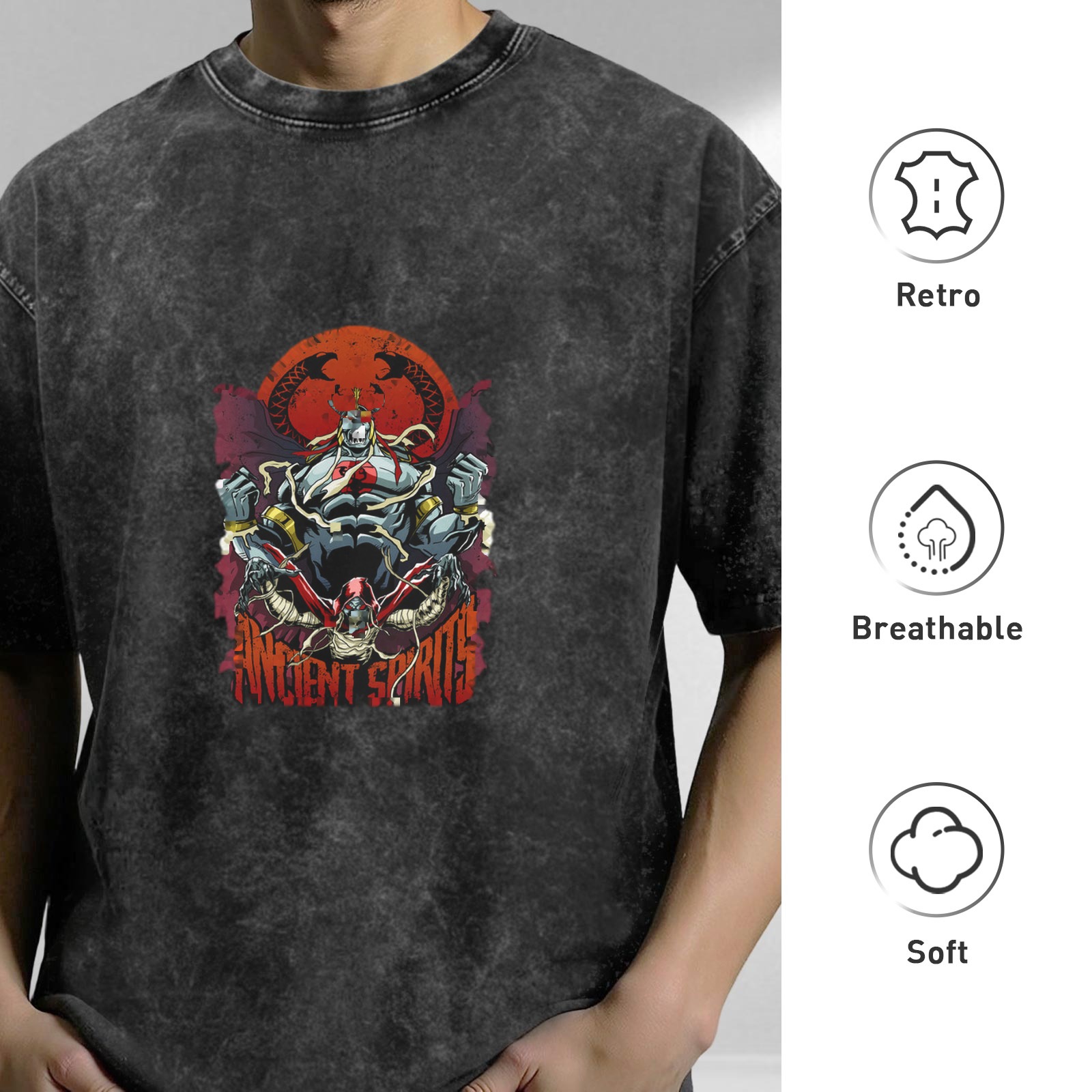 Washed Black Graphic T-Shirt with Ancient Spirits Monster Print