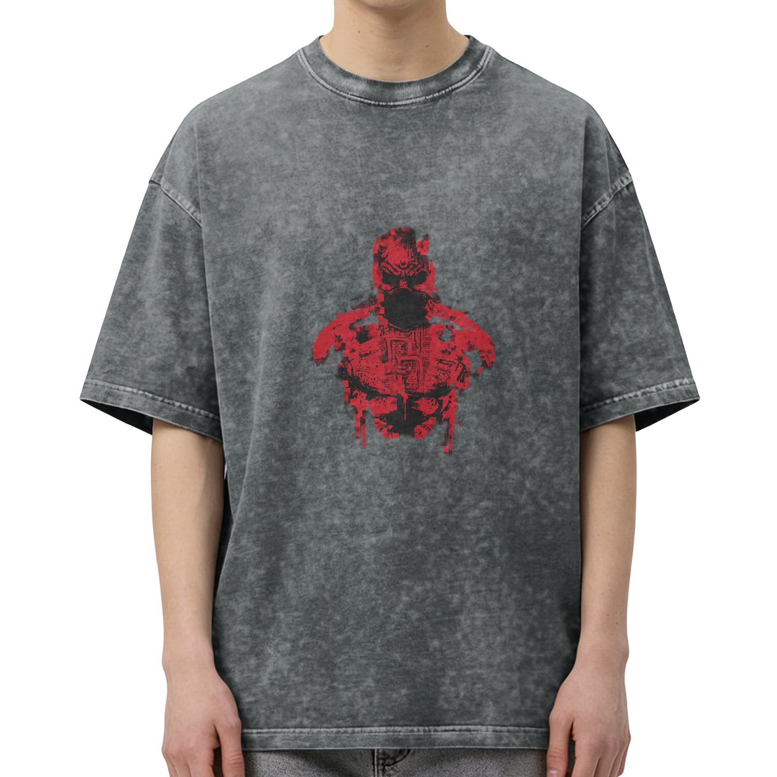 Washed Black T-Shirt With Red Superhero Graphic Print