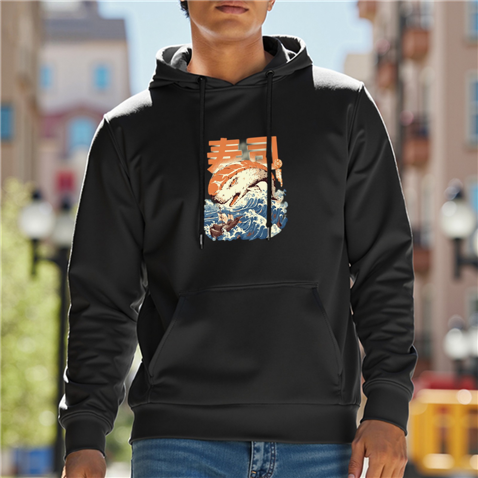 Black hoodie with Japanese wave and sushi graphic print