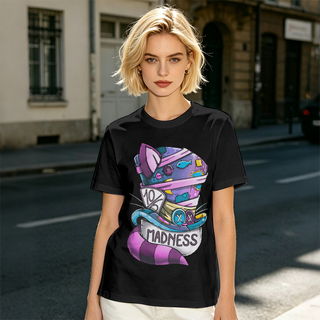 Olive T-Shirt With Mad Hatter Cheshire Cat Madness Graphic