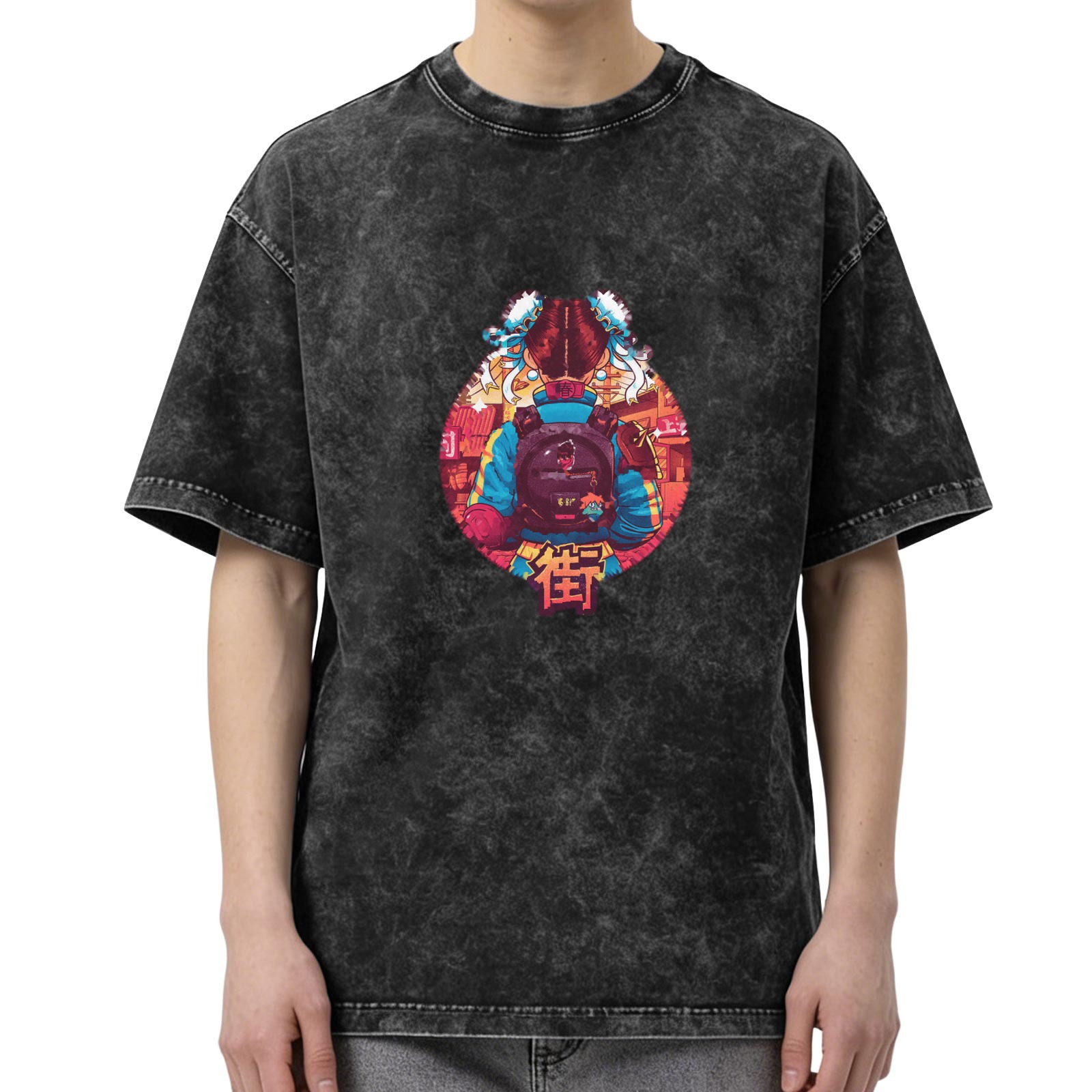 Washed Black Oversized T-Shirt with Japanese Anime Graphic Print