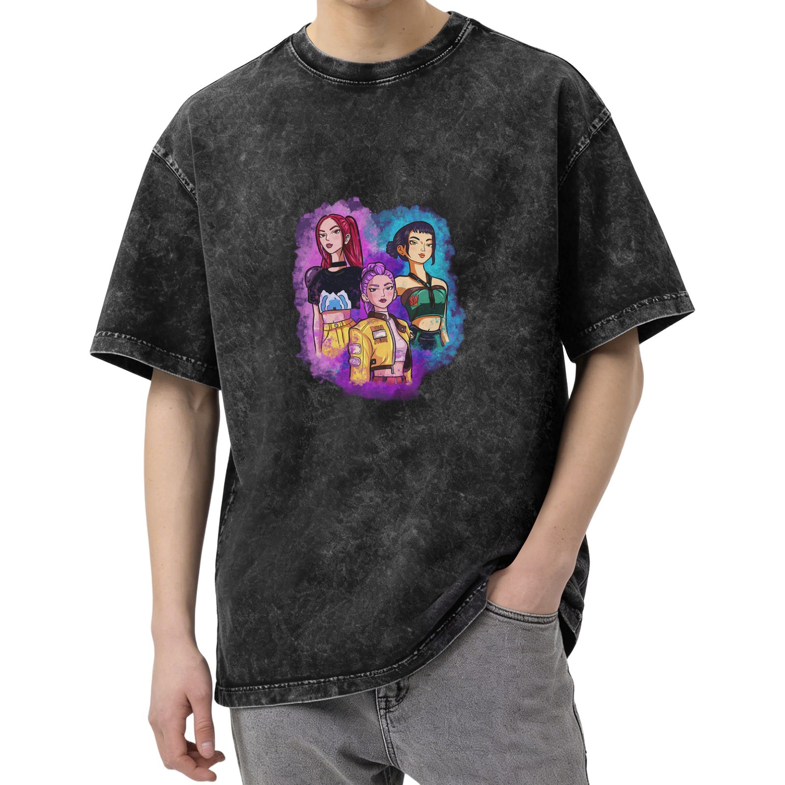 Oversized Acid Wash T-Shirt with Anime Girl Trio Graphic