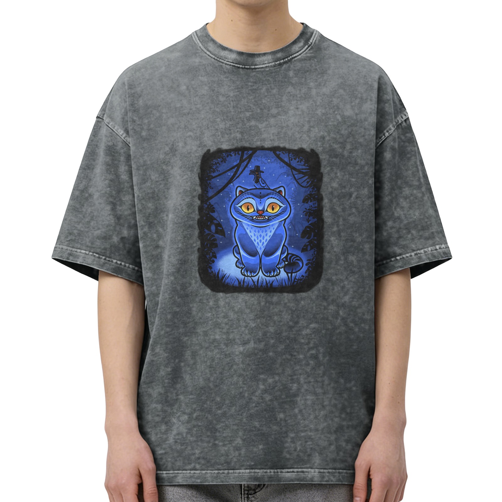 oversized black acid wash t-shirt with blue fantasy cat graphic