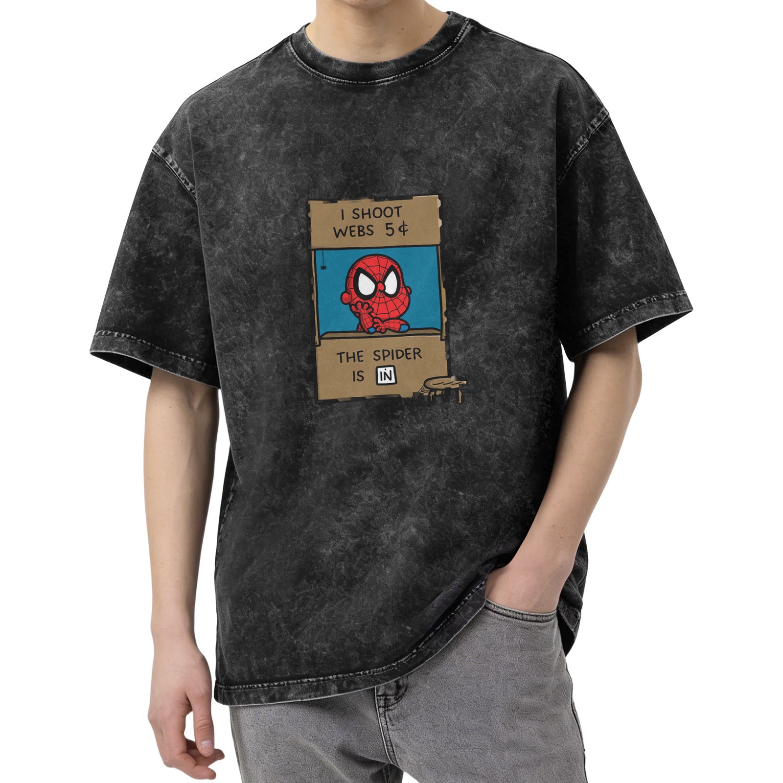 Washed Black T-Shirt with Cute Spider-Man 'I Shoot Webs 5¢' Print