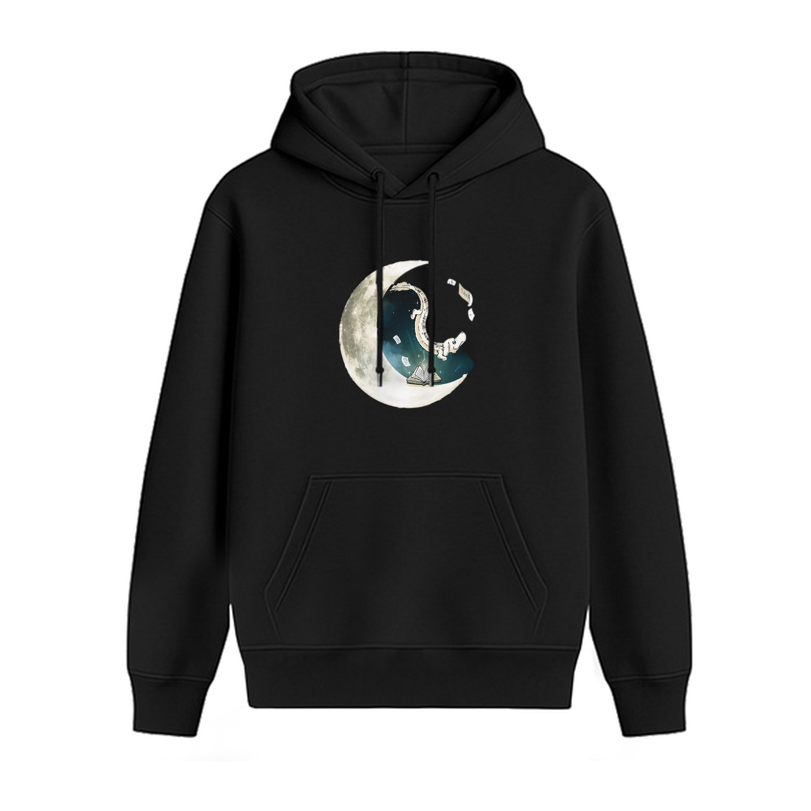 Black Hoodie With Crescent Moon Wave Art Print